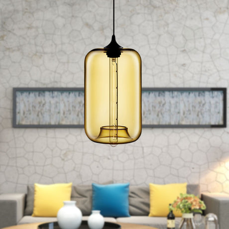 Contemporary 1-Light Hanging Lamp With Cylinder Glass Shade - Red/Brown/Blue Ceiling Light