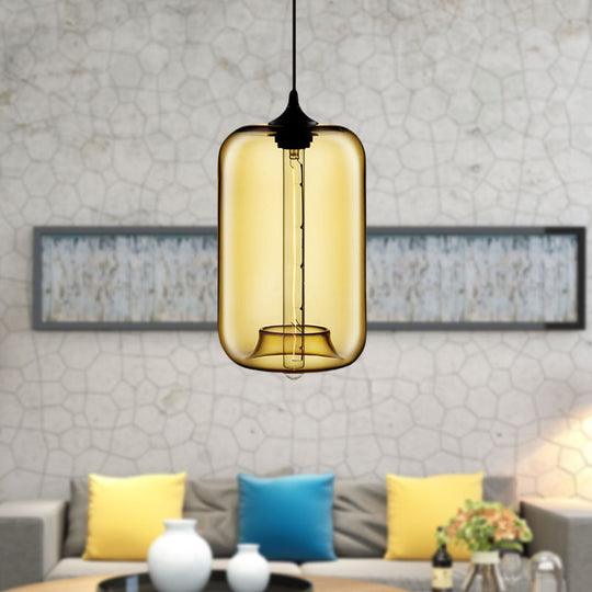 Contemporary 1-Light Hanging Lamp With Cylinder Glass Shade - Red/Brown/Blue Ceiling Light