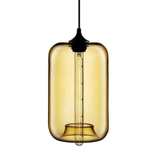 Contemporary Cylinder Glass Hanging Lamp - 1 Light Red/Brown/Blue Ceiling