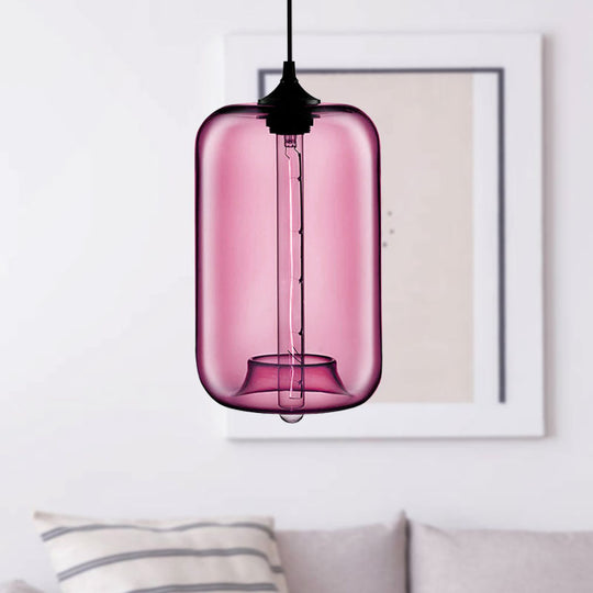 Contemporary Cylinder Glass Hanging Lamp - 1 Light Red/Brown/Blue Ceiling