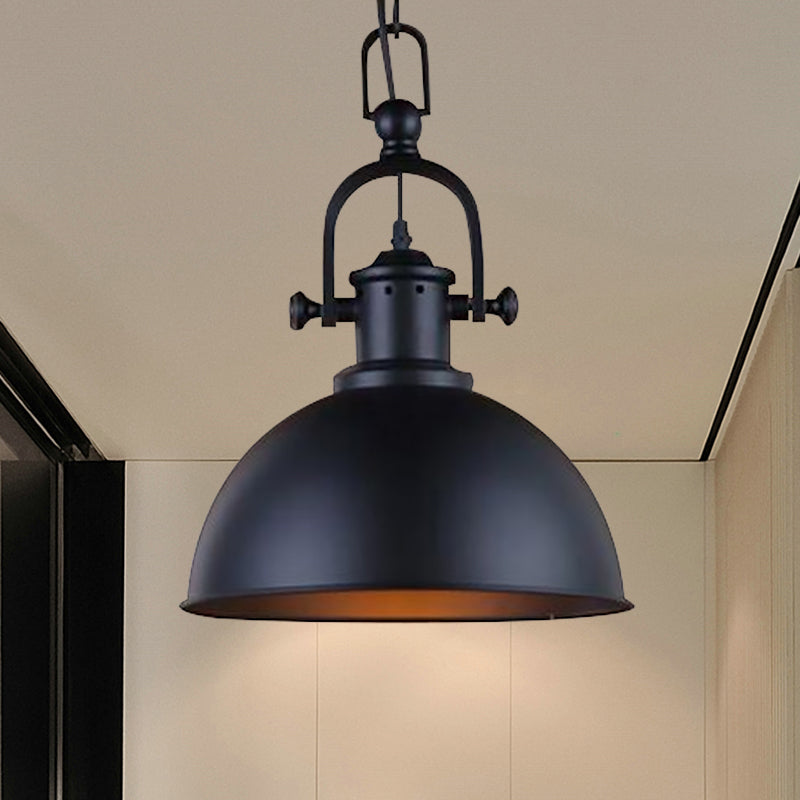 Vintage Dome Pendant Light - Metal Hanging Lamp With 1 Bulb In Black/White For Dining Room
