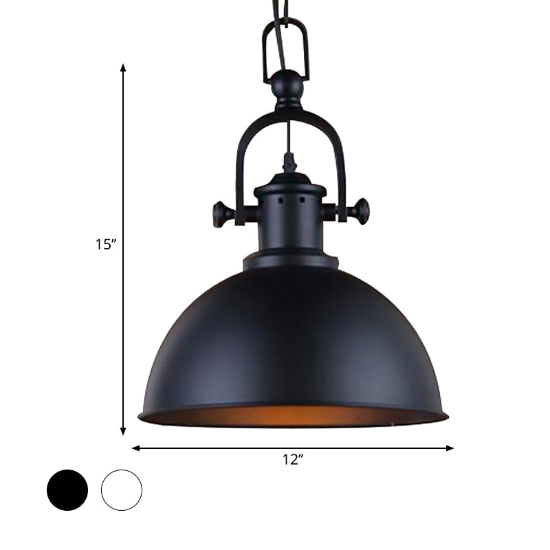 Vintage Dome Pendant Light - Metal Hanging Lamp With 1 Bulb In Black/White For Dining Room