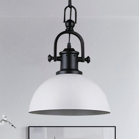 Vintage Dome Pendant Light - Metal Hanging Lamp With 1 Bulb In Black/White For Dining Room