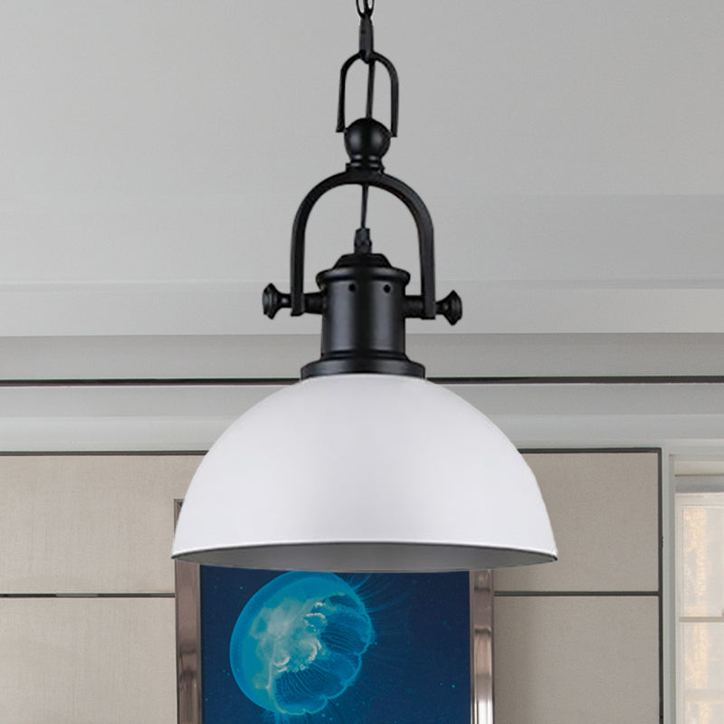 Vintage Dome Pendant Light - Metal Hanging Lamp With 1 Bulb In Black/White For Dining Room