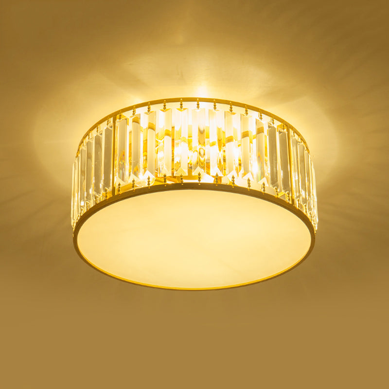 Crystal Flush Mount Lighting With Drum Shade - Gold 3/4/5 Lights 12.5’/16.5’/20.5’ Wide