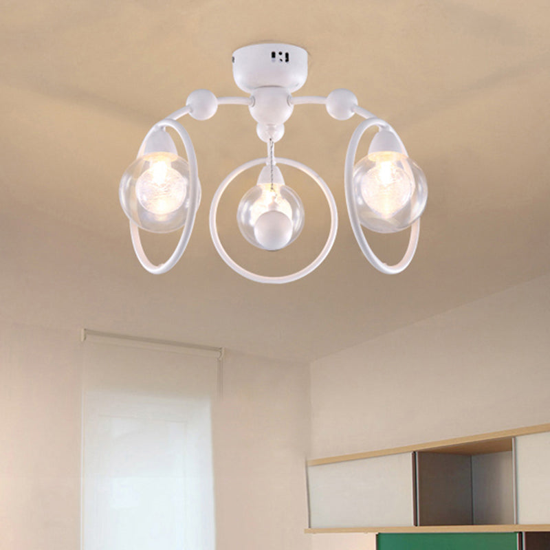 Modern Metal Glass Shade 3 - Light Semi Flush Mount Ceiling Fixture For Dining Room - White