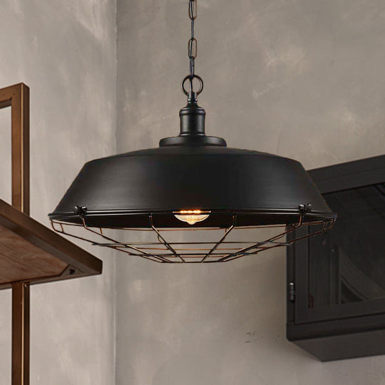 Antique Style Iron Barn Hanging Light With Wire Guard - 10’/14’/18’ Dia Brass/Bronze/Black