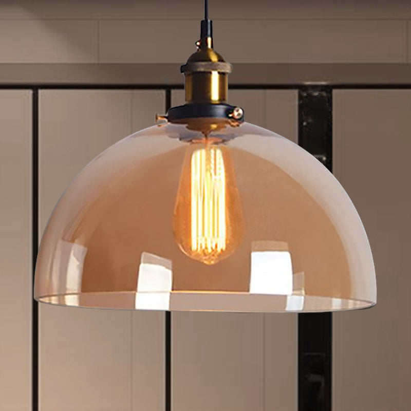 Industrial Brass Dome Pendant Light - Clear/Amber Glass Amber