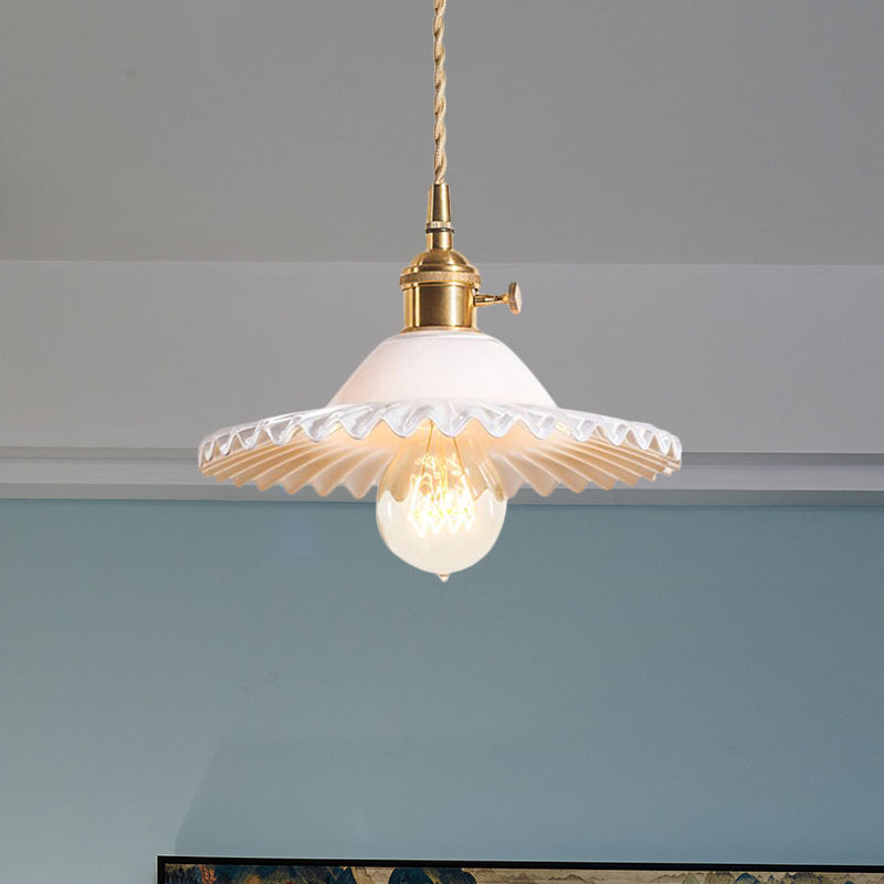 Industrial Brass Scalloped Pendant Light With Glass Shade - 1-Light Hanging Ceiling Fixture For