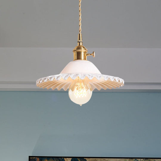 Industrial Brass Scalloped Pendant Light With Glass Shade - 1-Light Hanging Ceiling Fixture For