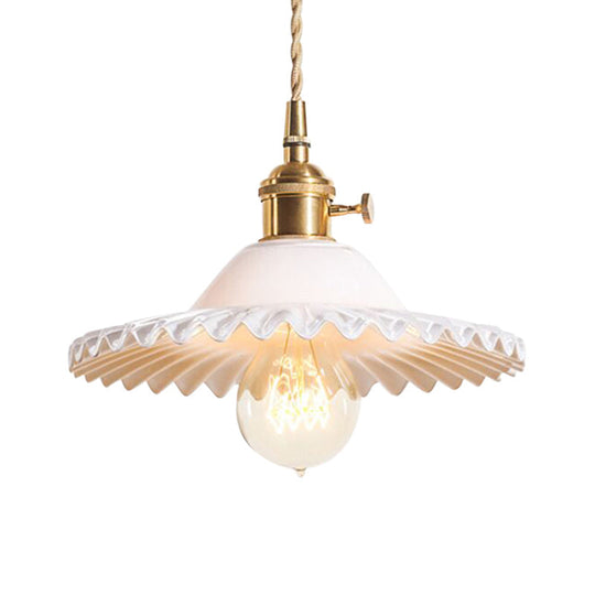 Industrial Brass Scalloped Pendant Light With Glass Shade - 1-Light Hanging Ceiling Fixture For