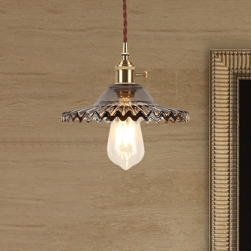 Industrial Brass Scalloped Pendant Light With Glass Shade - 1-Light Hanging Ceiling Fixture For