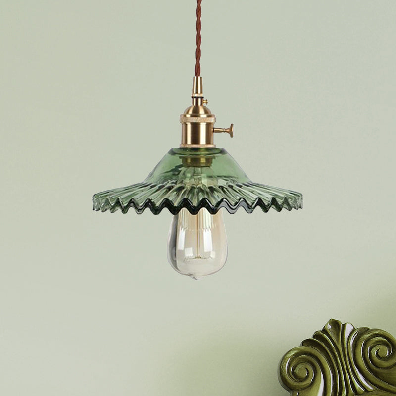 Industrial Brass Scalloped Pendant Light With Glass Shade - 1-Light Hanging Ceiling Fixture For