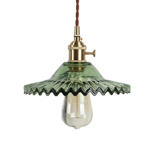 Industrial Brass Scalloped Pendant Light With Glass Shade - 1-Light Hanging Ceiling Fixture For