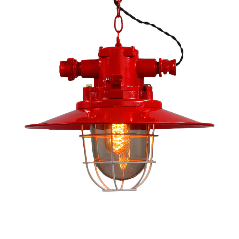 Industrial Single-Light Hanging Ceiling Pendant With Clear Glass Cone Shade In White/Red/Rust Tones