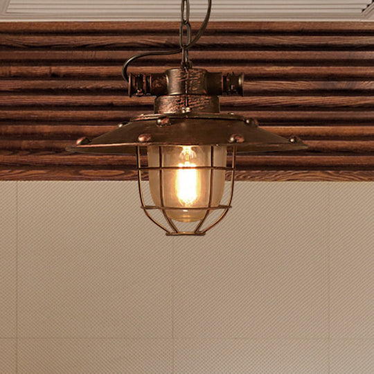 Industrial Rustic Cone Glass Pendant Ceiling Light With Cage - 1-Light Fixture