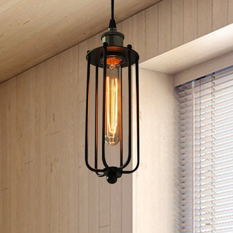 Vintage Style Metallic Matte Black Pendant Lamp With Cage Shade - 1 Light Hanging Fixture