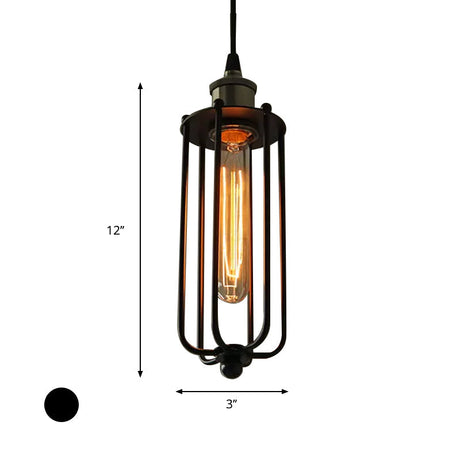 Vintage Style Metallic Matte Black Pendant Lamp With Cage Shade - 1 Light Hanging Fixture
