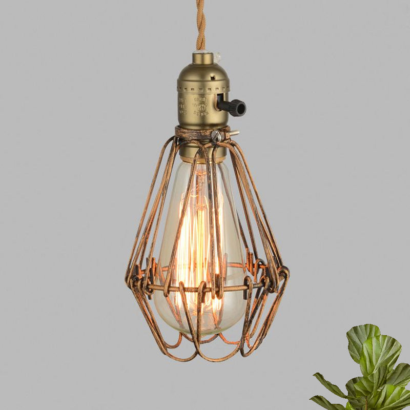 Rustic Diamond Cage Pendant Light For Restaurants - 1 Head Wrought Iron In Black/Brass