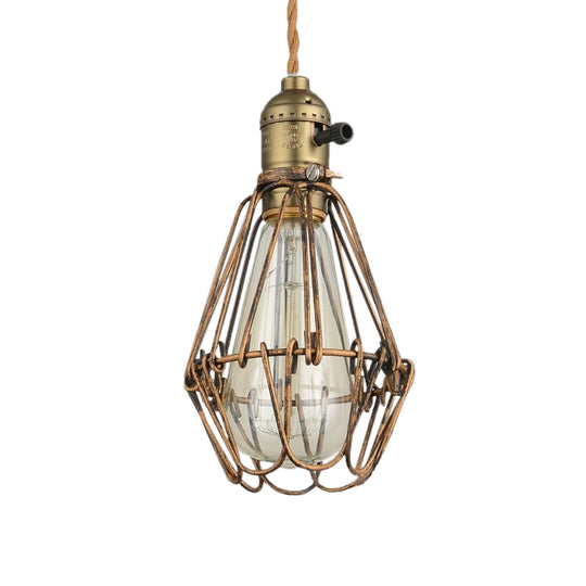 Rustic Diamond Cage Hanging Light Pendant For Restaurants - 1 Head Wrought Iron Design In