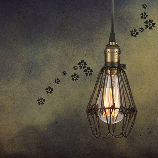 Rustic Diamond Cage Pendant Light For Restaurants - 1 Head Wrought Iron In Black/Brass