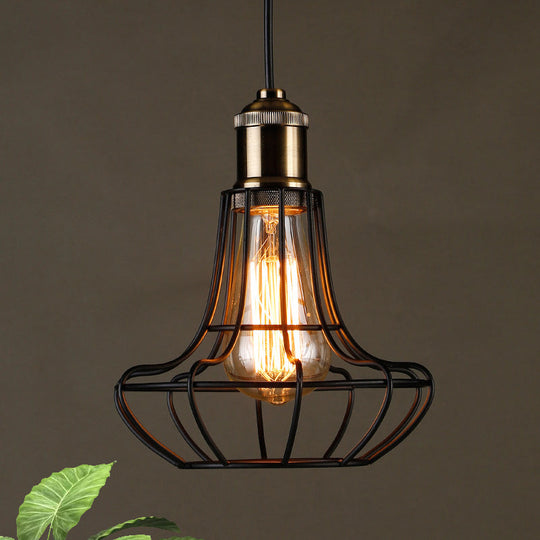 Antique Style Black Head Vase Cage Pendant Light For Bar With Metallic Finish 6’/7.5’ Width