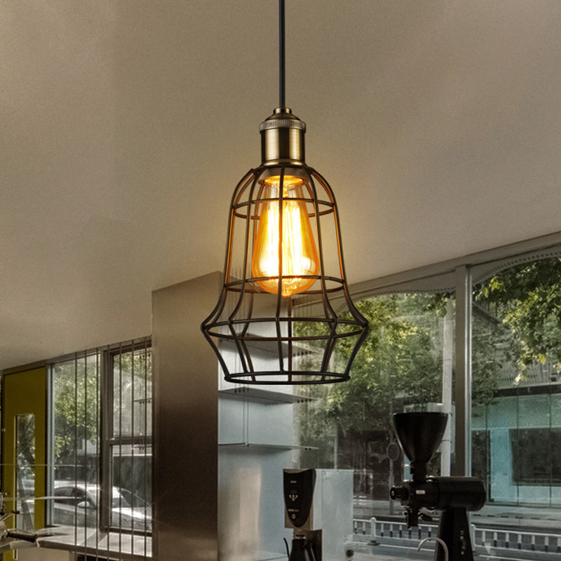 Antique Style Black Head Vase Cage Pendant Light For Bar With Metallic Finish 6’/7.5’ Width