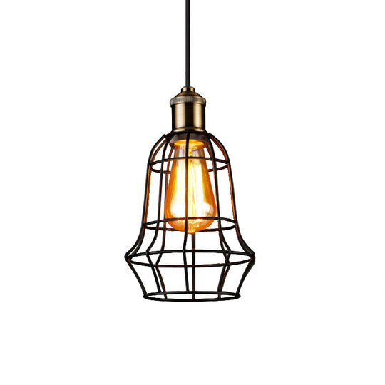 Antique Style Black Head Vase Cage Pendant Light For Bar With Metallic Finish 6’/7.5’ Width