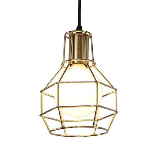 Modern Silver/Gold Metal Ceiling Fixture With Cage Shade - Stylish Loft Hanging Lamp For Coffee
