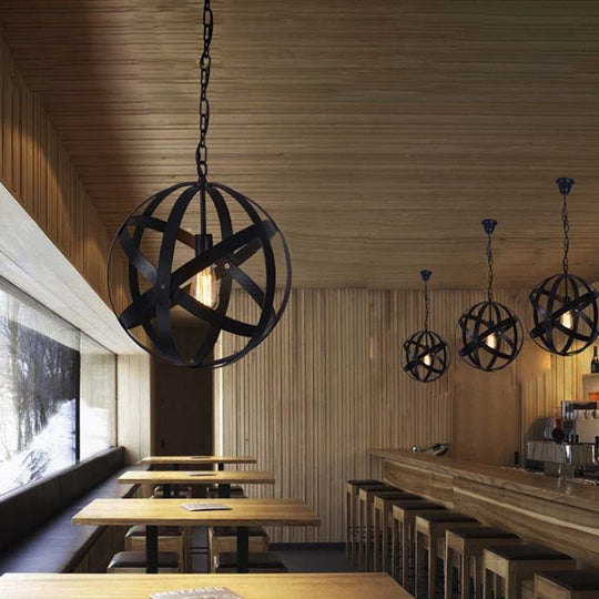 Spherical Industrial Black Metallic Pendant Lamp With Wire Guard - 1 Light Hanging Ceiling For