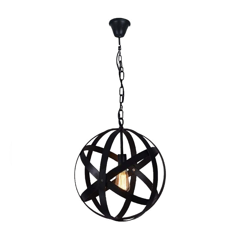 Spherical Industrial Black Metallic Pendant Lamp With Wire Guard - 1 Light Hanging Ceiling For
