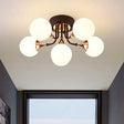 6/10/13 Semi Flush Chandelier With Milk White Glass Shades - Black Ceiling Mounted Sphere Light 6 /