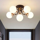 6/10/13 Semi Flush Chandelier With Milk White Glass Shades - Black Ceiling Mounted Sphere Light 6 /