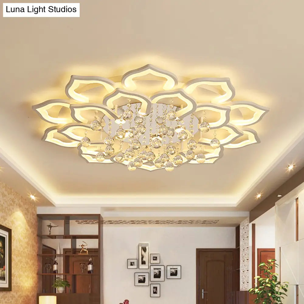 6/16/20 White Flush Mount Ceiling Light For Living Room - Warm/White Floral Acrylic Shade Crystal