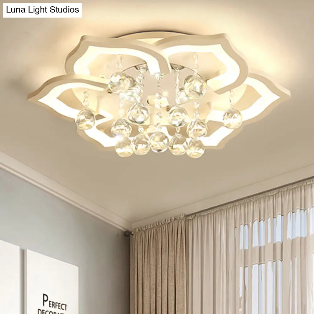 6/16/20 White Flush Mount Ceiling Light For Living Room - Warm/White Floral Acrylic Shade Crystal