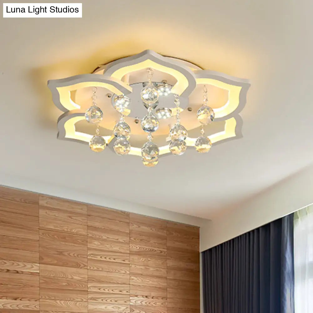 6/16/20 White Flush Mount Ceiling Light For Living Room - Warm/White Floral Acrylic Shade Crystal