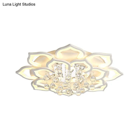 6/16/20 White Flush Mount Ceiling Light For Living Room - Warm/White Floral Acrylic Shade Crystal