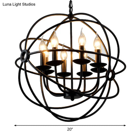 6-Bulb Spherical Hanging Light: Black Iron Chandelier Pendant For Restaurants