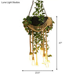 6-Light Pink/Green Chandelier Hemp Rope Pendant With Open Bulb And Rubber Tire Decor