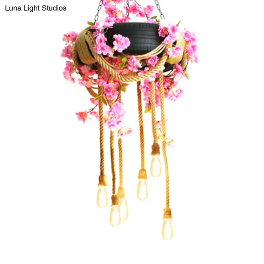 6-Light Rubber Tyre Chandelier In Pink/Green/Brown For Snack Bar Or Warehouse With Rope Cord