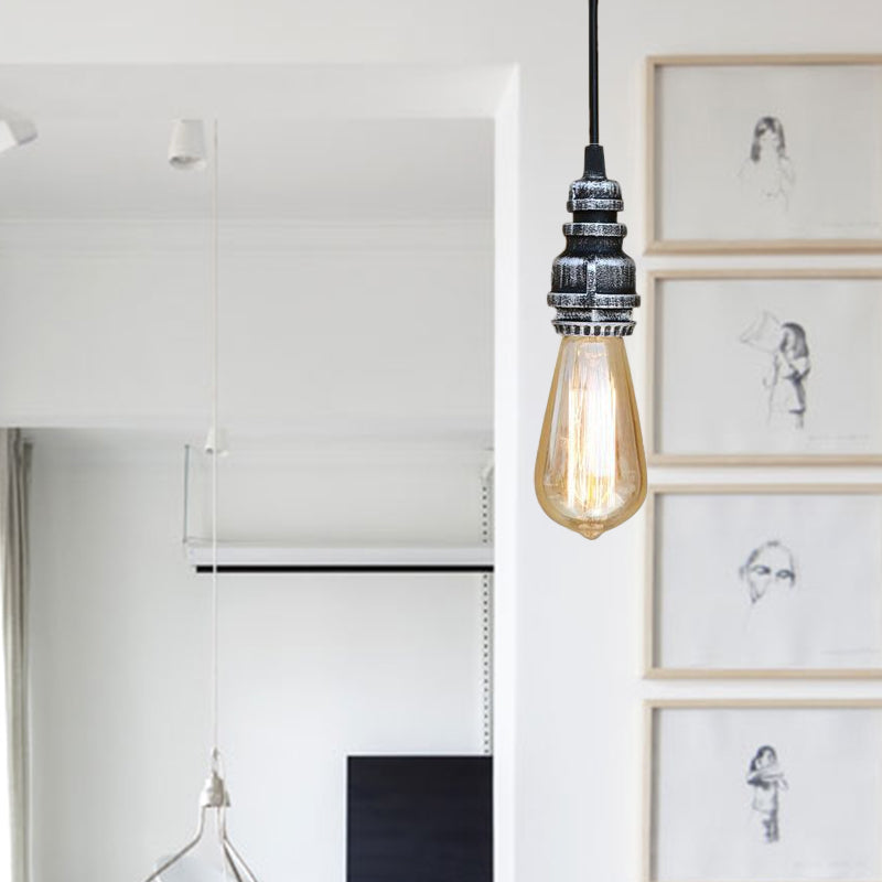 Metal Adjustable Hanging Lamp With Open Bulb - Industrial Stylish Ceiling Fixture (Black/Silver)