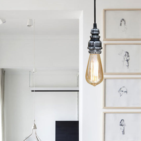 Metal Adjustable Hanging Lamp With Open Bulb - Industrial Stylish Ceiling Fixture (Black/Silver)