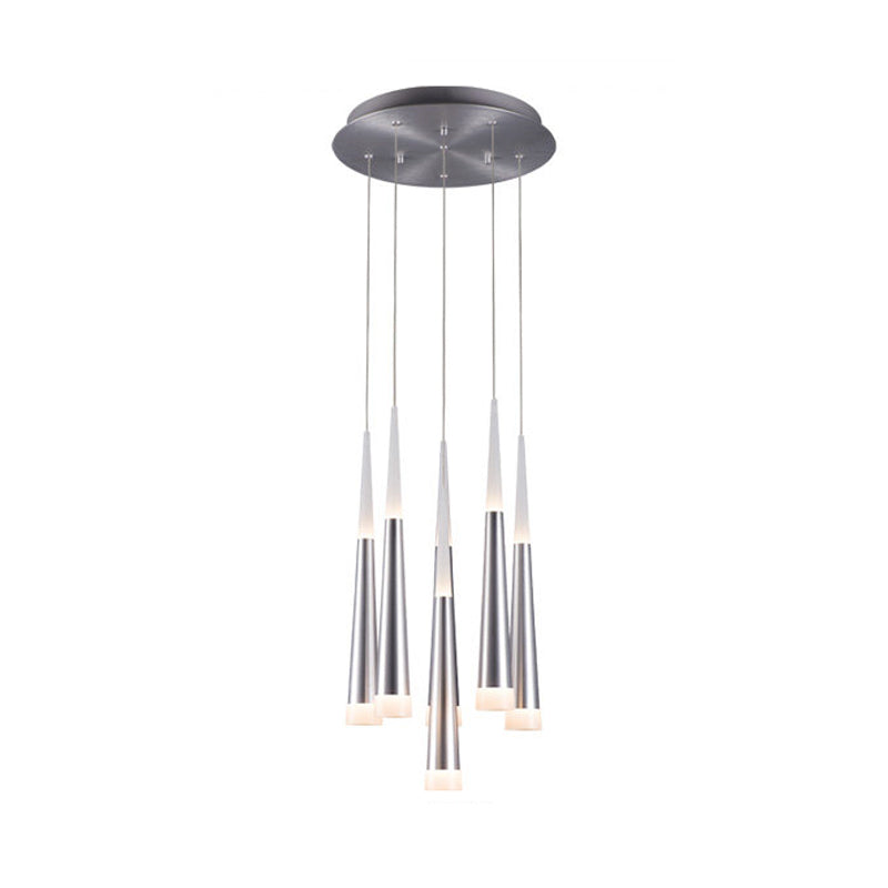 Modern Metal Tapered Hanging Lamp With Silver Pendant Light - 5/6 Heads For Dining Room In