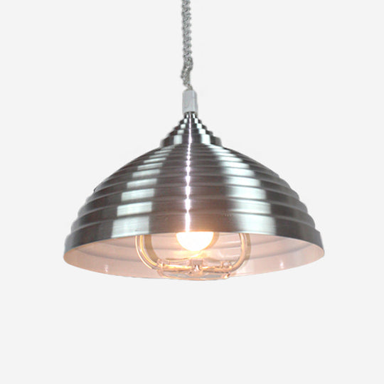 Vintage Metal Domed Pendant Light With Ribbed Design - Rose Red/Nickel Finish 1 Bulb Indoor Lighting