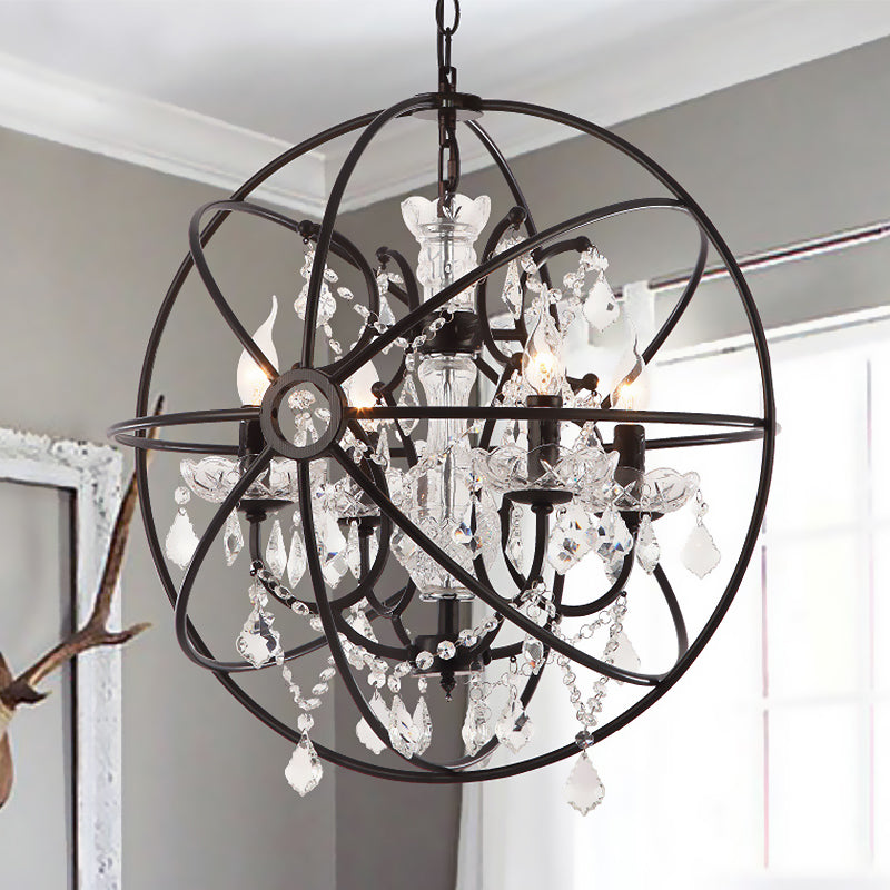 Vintage Hanging Lamp With Globe Cage Shade And Crystal Decoration - Black Iron Chandelier Lighting