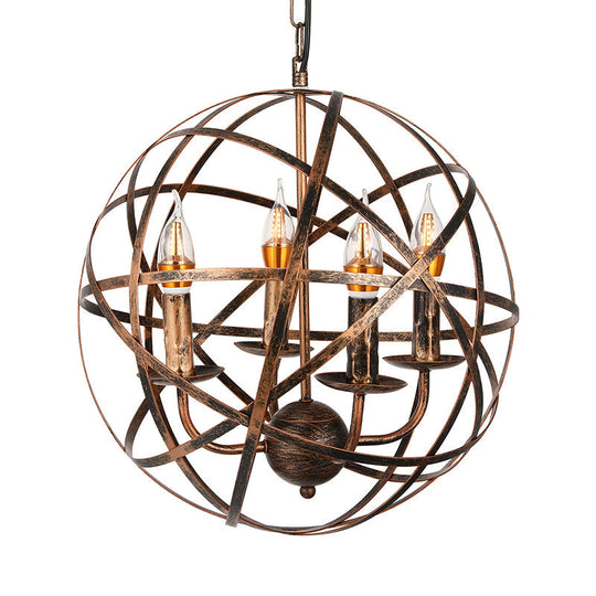 Vintage Style 4-Head Ceiling Chandelier With Iron Globe Cage Shade In Antique Brass For Dining Room