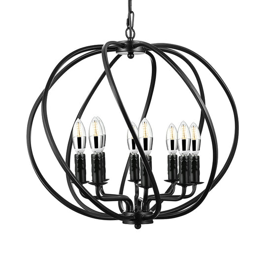 Industrial Black Round Cage Chandelier - 8-Light Pendant Light For Large Dining Rooms With Candle