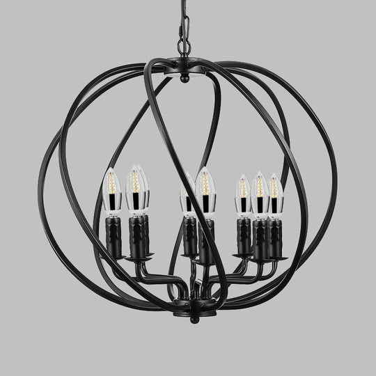 Industrial Black Round Cage Chandelier - 8-Light Pendant Light For Large Dining Rooms With Candle