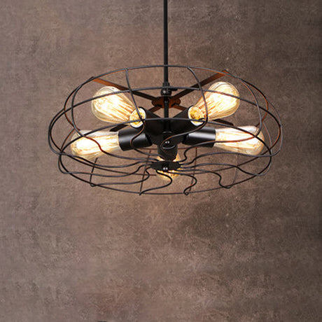 Vintage Round Cage Pendant Light With 5 Bulbs - Wrought Iron Chandelier Lamp In Black/Rust