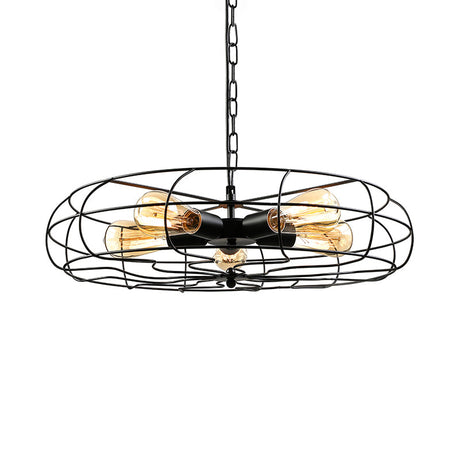Vintage Round Cage Pendant Light With 5 Bulbs - Wrought Iron Chandelier Lamp In Black/Rust